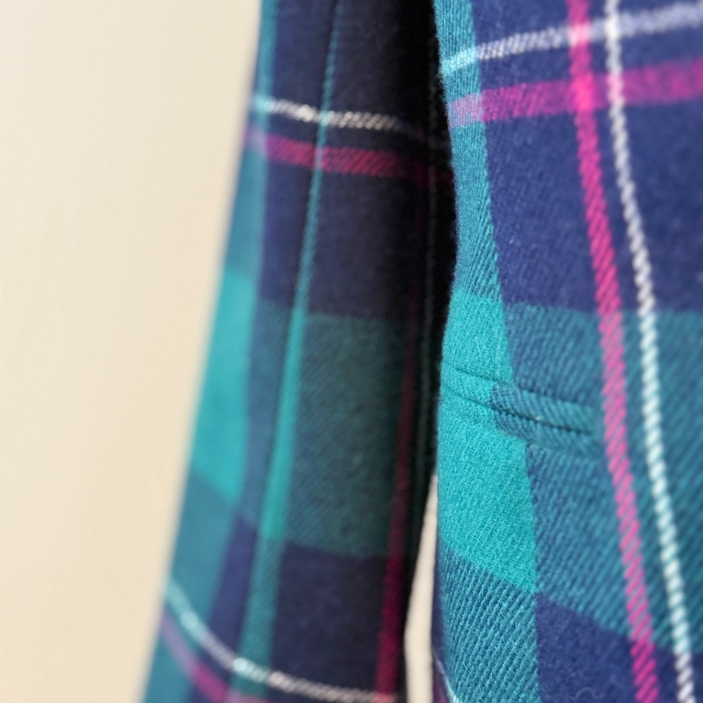 Vintage 80s Plaid Wool Blend Blazer – Teal Green Navy Pink – Petite Size 10 - Picture 3 of 15